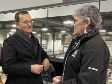 Dinesh Patnaik, Indian high commissioner to Canada, chats with Canadian Western Agribition past-president Kim Hextall at the show.