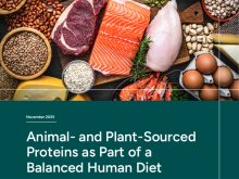 A screencap of the cover of a new study entitled, "Animal- and Plant-Sourced Proteins as Part of a Balanced Human Diet," showing a variety of raw meat, dairy and vegetable proteins on a table.
