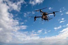 An agricultural drone spreads fertilizer on a newly planted field in Argentina.