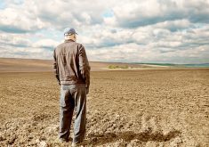 An elderly farmer stands in an unplanted field looking into the distance.