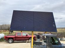 This solar panel recharges the four six-volt batteries on the SunStream Solar water trough on Scott Duguid's farm.