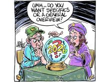 An editorial cartoon showing a farmer sitting at a table looking into a crystal ball with "2026" written in it alongside a psychic who asks, "Umm... do you want specifics or a general overview?"