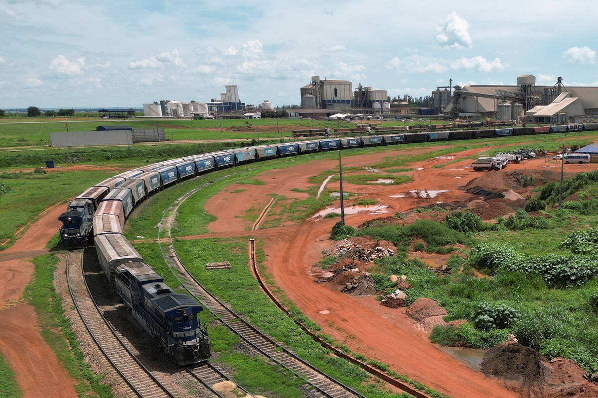A drone view shows a train carrying soybeans departing from the Rumo grains shipping facility in Rondonopolis, in the state of Mato Grosso, Brazil February 6, 2025.