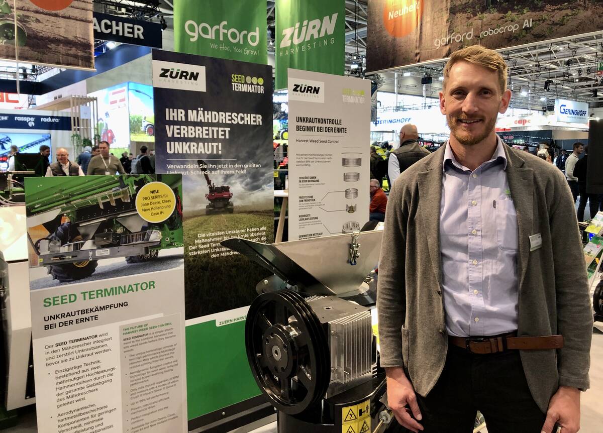 Nick Berry, founder and CEO of Seed Terminator at the Z&uuml;rn booth at Agritechnica 2025 in Hanover, Germany.