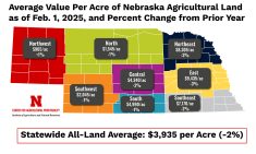 A map of the state of Nebraska showing the average value per acre of land in various regions, and its percentage change from the year prior.