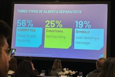 A photo of a slide displayed on a screen at the front of a group of seated people showing the "Three types of Alberta Separatists."