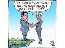 An editorial cartoon showing Canadian Prime Minister Mark Carney shaking the hand of China's President Xi Jinping with Carney being held up in the air by Xi who is standing on the edge of a cliff with Carney commenting, "'At least he's not Trump' - isn't as assuring as I would like it to be."