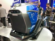 New Holland&rsquo;s R4 hybrid-powered agricultural robot on the show floor at Agritechnica 2025 in Hanover, Germany.