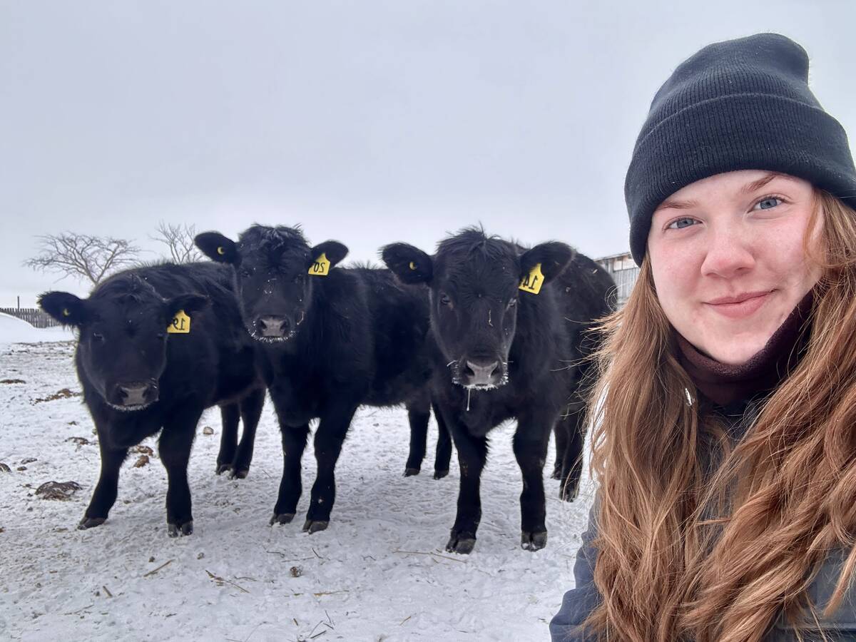 The Western Producer's new Farm Management Editor, Janelle Rudolph, poses in front of some curious calves on a snowy day.