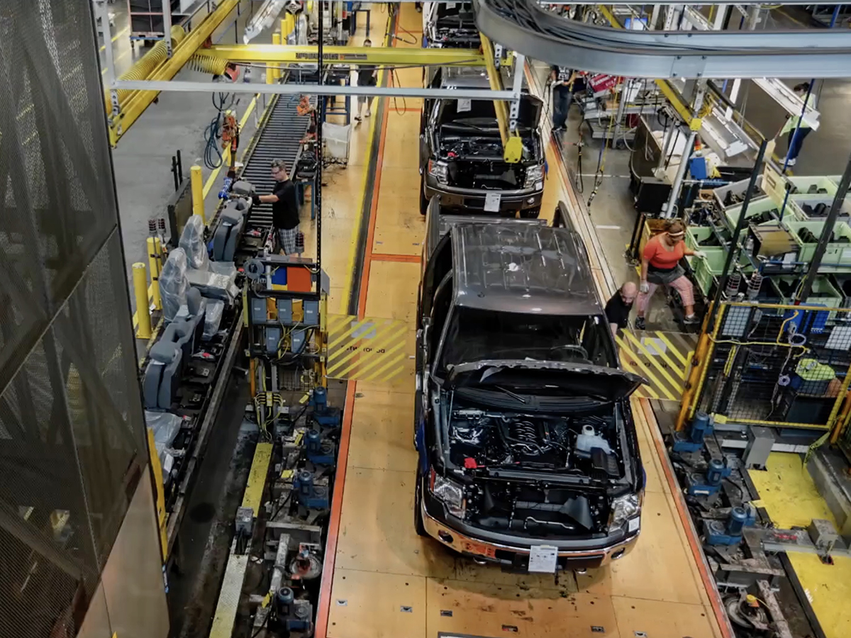 Looking down on a Ford truck assembly line.