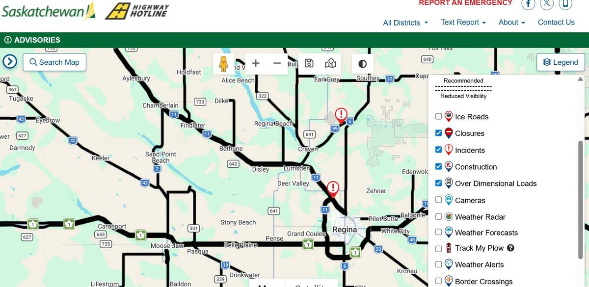 A screencap of the Highway Hotline website in Saskatchewan with the "Over Dimensional Loads" map layer activated.
