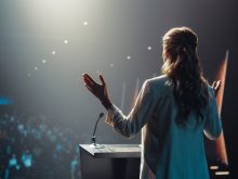 A woman stands on a stage in front of a podium addressing a large crow and gesturing with her hands.