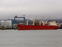 A grain ship sits at the dock in the Port of Vancouver.