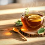 Steam rises from a clear cup filled with reddish tea with a slice of lemon floating on top next to a sprig of mint, on a wooden coaster with an additional sprig of mint on the side.