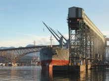 A freighter is loaded with grain at a grain terminal on the shore of Burrard Inlet. The Iron Workers Memorial Bridge crosses from Vancouver to North Vancouver in the background. British Columbia, Canada.
