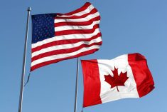 The U.S. and Canadian flags fly side-by-side against a clear blue sky background.