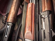 A close-up of the breaches of several guns, three with wooden stocks, one with a black plastic stock.