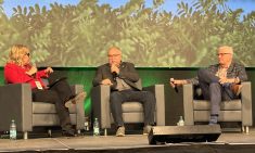 Three people, two men and a woman, sit in chairs on a stage at Canada's Farm Show in Regina, Saskatchewan, discussing provincial budget released yesterday.