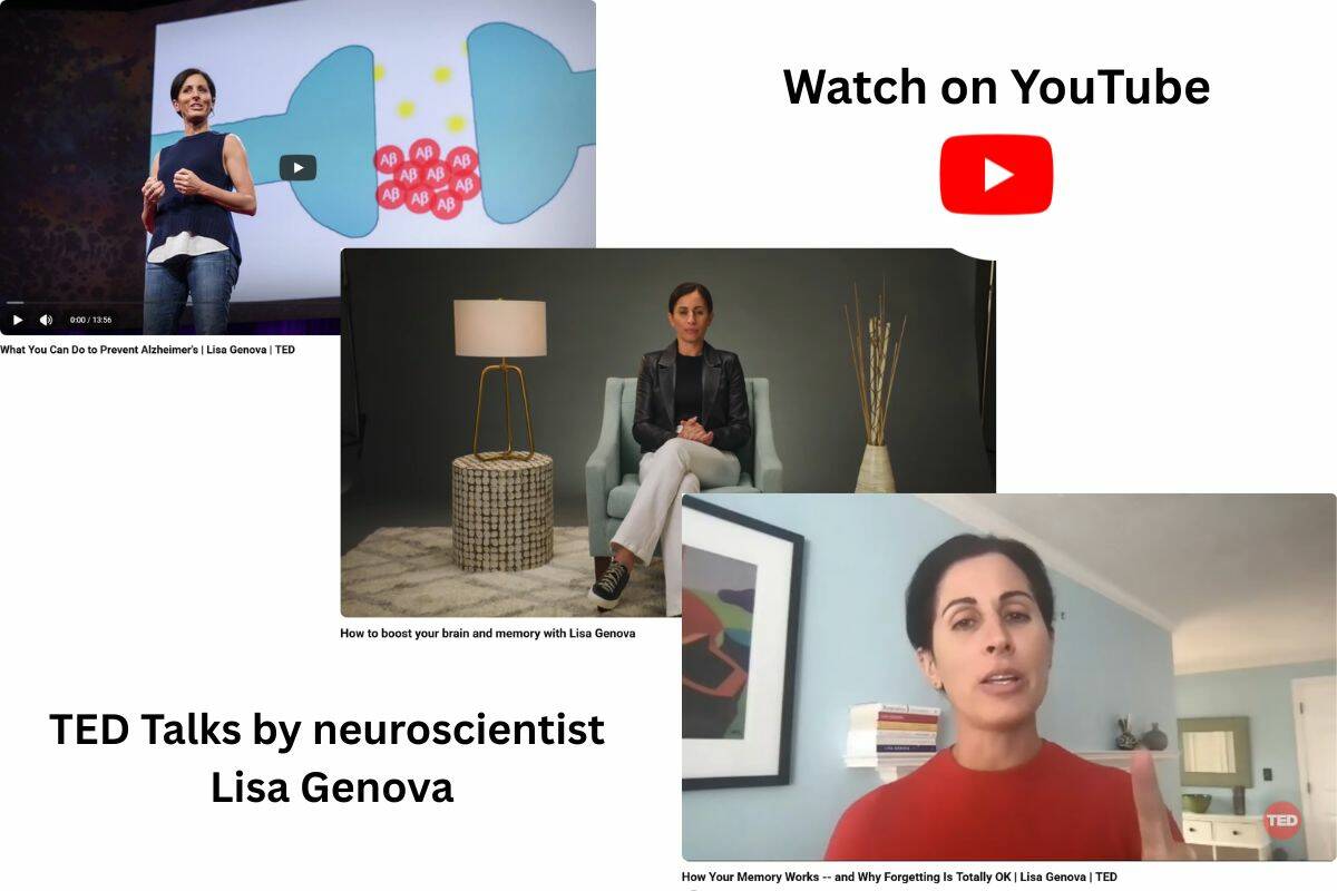 Three screen captures of Lisa Genova's TED Talks on memory.
