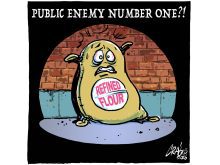 An editorial cartoon showing a sack of "Refined Flour" with a scared face on it, cowering in a spotlight against a brick wall, and the caption above, "Public enemy number one?"