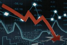 A graphic showing investment information including a simple chart with a large, red arrow zig-zagging generally downward.