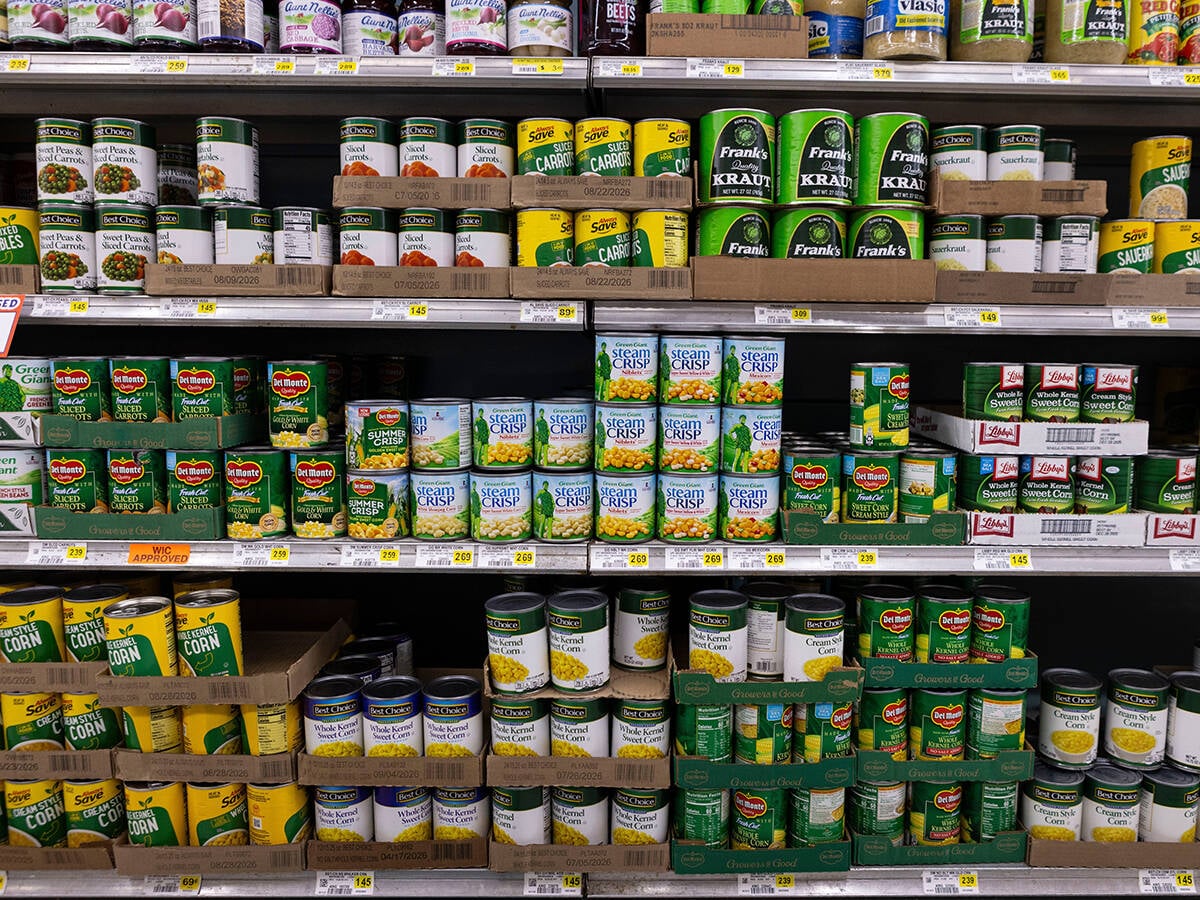 Cans of vegetables line the grocery shelves on Wednesday, Nov. 8, 2023.