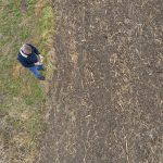 A drone image looking down on a farmer standing in a field looking at a terrible corn crop holding a small yellow cob in his hands.