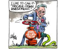 An editorial cartoon of a man in a suit wearing a button with the letters "HM" on it, representing federal agriculture minister Heath MacDonald, turning a large valve with "Research Jobs & Infrastructure" written on it, while the words, "I like to call it "Trickle-down divestment" are written in the bubble above his head.