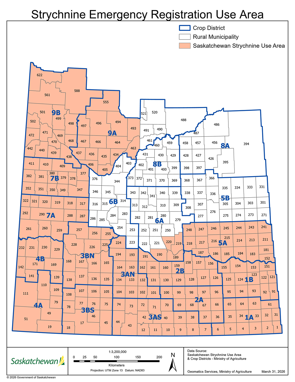 A map of southern Saskatchewan showing the rural municipalities where the use of strychnine to manage ground squirrels has been temporarily authorized.