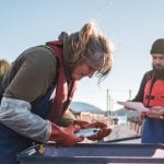 A man holds a clipboard while a woman wearing orange rubber gloves inspects a salmon pulled from a plastic tote.