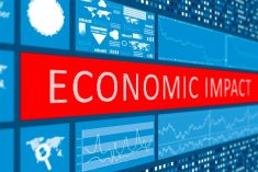 A red box with "Economic Impact" written inside it in white letters is surrounded by financial-looking graphs and charts.