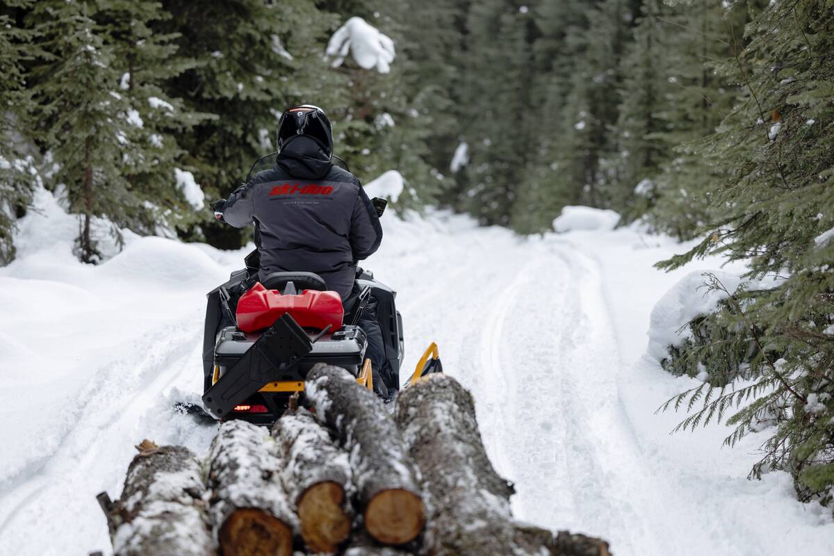 A rider on a snow machine pulls a sled loaded with logs away from the camera down a snowy trail in a forest.
