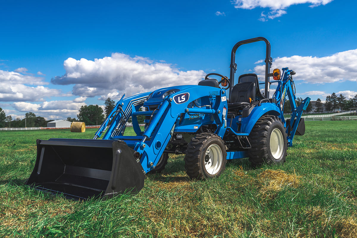 Promotional image of an LS Tractor Canada XJ series tractor with a front-end loader and a 3-point backhoe attached.