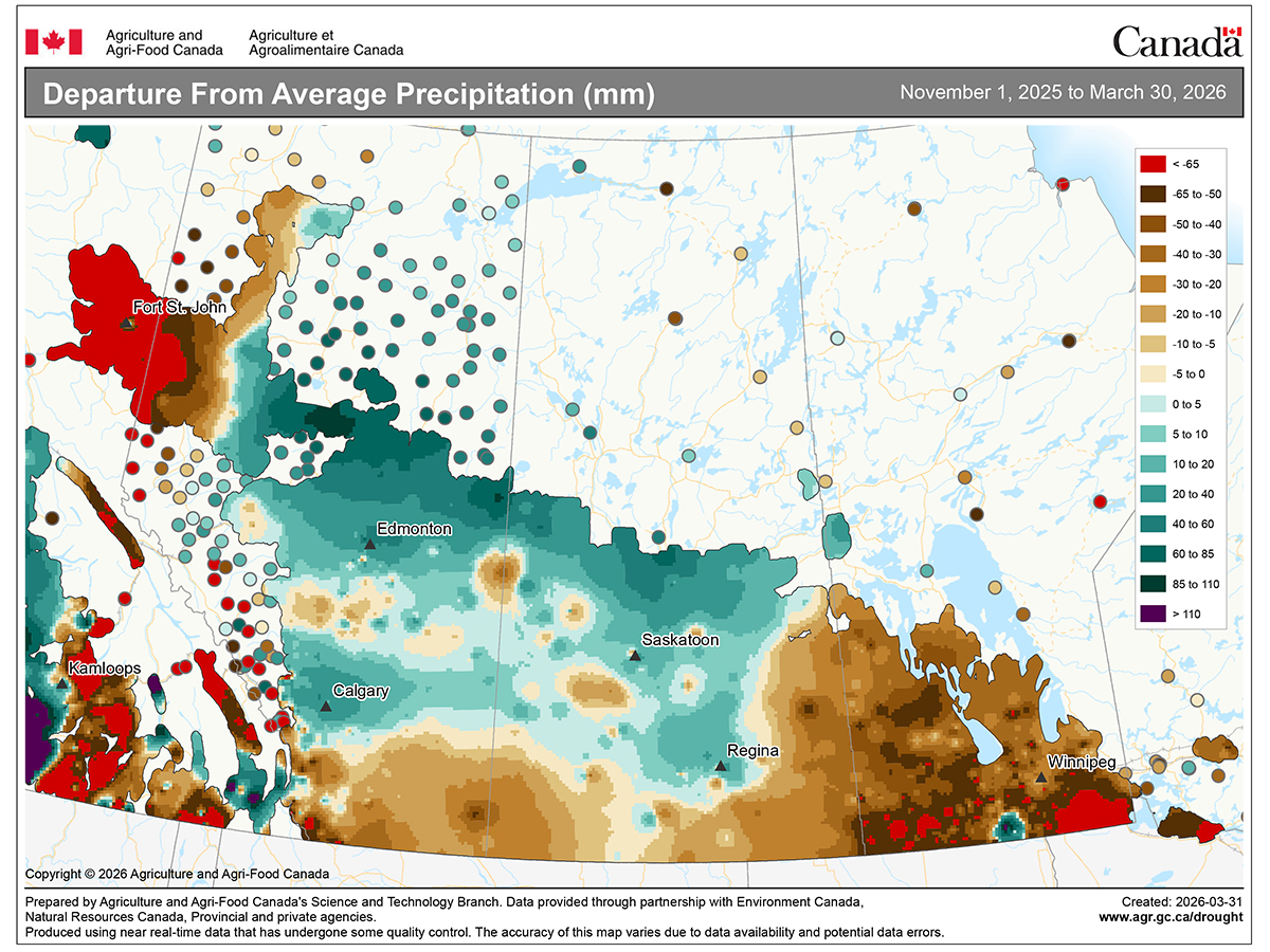 A map of the Prairie provinces entitled, "Departure From Average Precipitation" showing southern Manitoba and the Peace region as having received particularly below average precipitation.