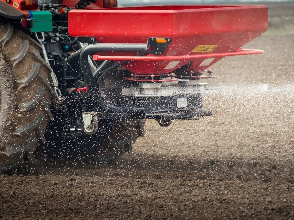 Fertilizer is broadcast from a three-point-hitch mounted spreader.