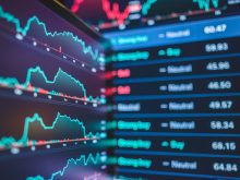 Non-descript market and financial charts displayed on screens.