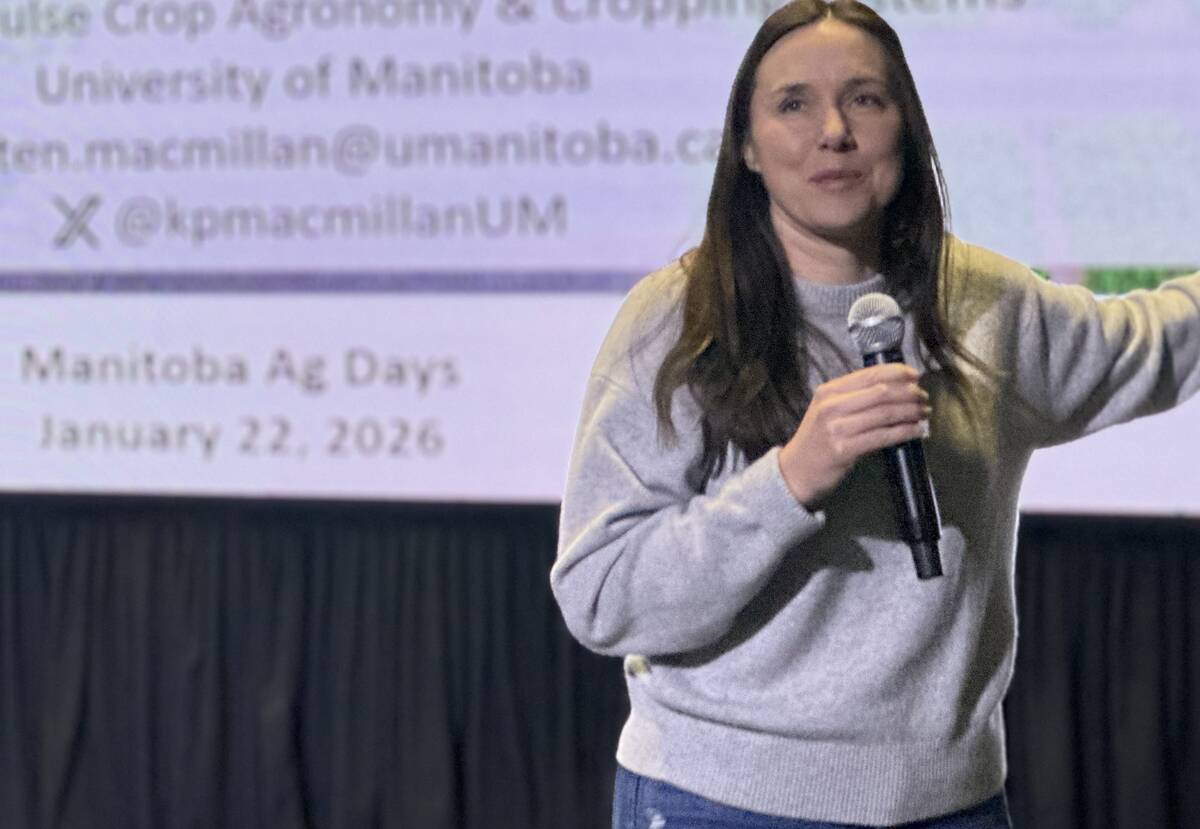 Kristen MacMillan, University of Manitoba researcher and agronomist in residence with Manitoba Pulse and Soybean Growers, discussed new research on iron deficiency chlorosis at Manitoba Ag Days in Brandon in January.